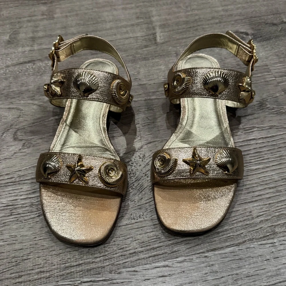 LARROUDE PREOWNED MADISON GOLD LEATHER SHELL SANDALS 6 ANTHROPOLOGIE - Picture 5 of 16